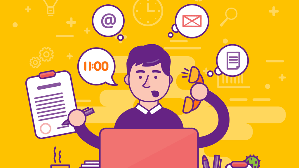 cartoon image showing an overwhelmed receptionist
